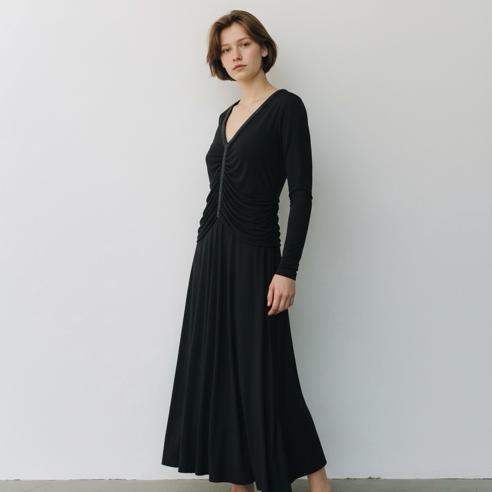 Jones New York Black Ruched V-Neck Midi Dress Metallic Trim Long Sleeve Size 8